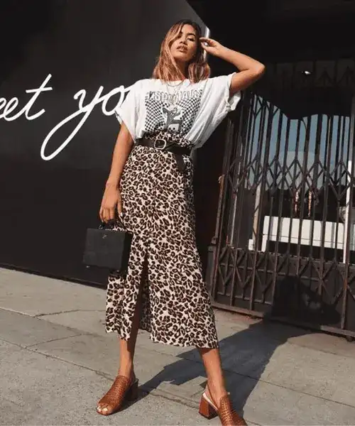 Leopard print midi skirt styled with oversized tee