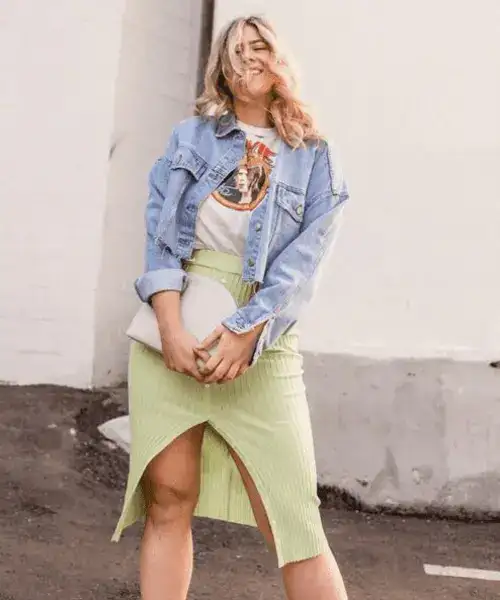Fitted midi skirt styled with white t-shirt and denim jacket