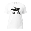 Faith T-Shirt minimalist streetwear featuring a black-and-white graphic of a muscular man suspended above bold serif text reading “FAITH.”