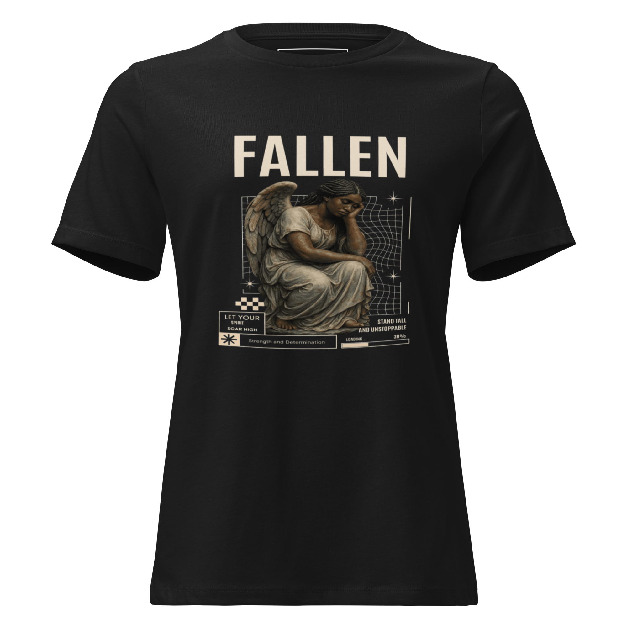 Fallen Angel T-Shirt minimalist streetwear with a detailed graphic of a seated angel under bold beige text “FALLEN” on a black short-sleeve tee.