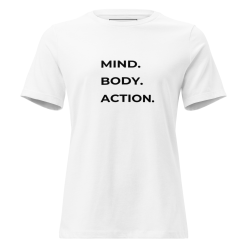 Mind Body Action minimalist slogan t-shirt in white with centered black matte typography