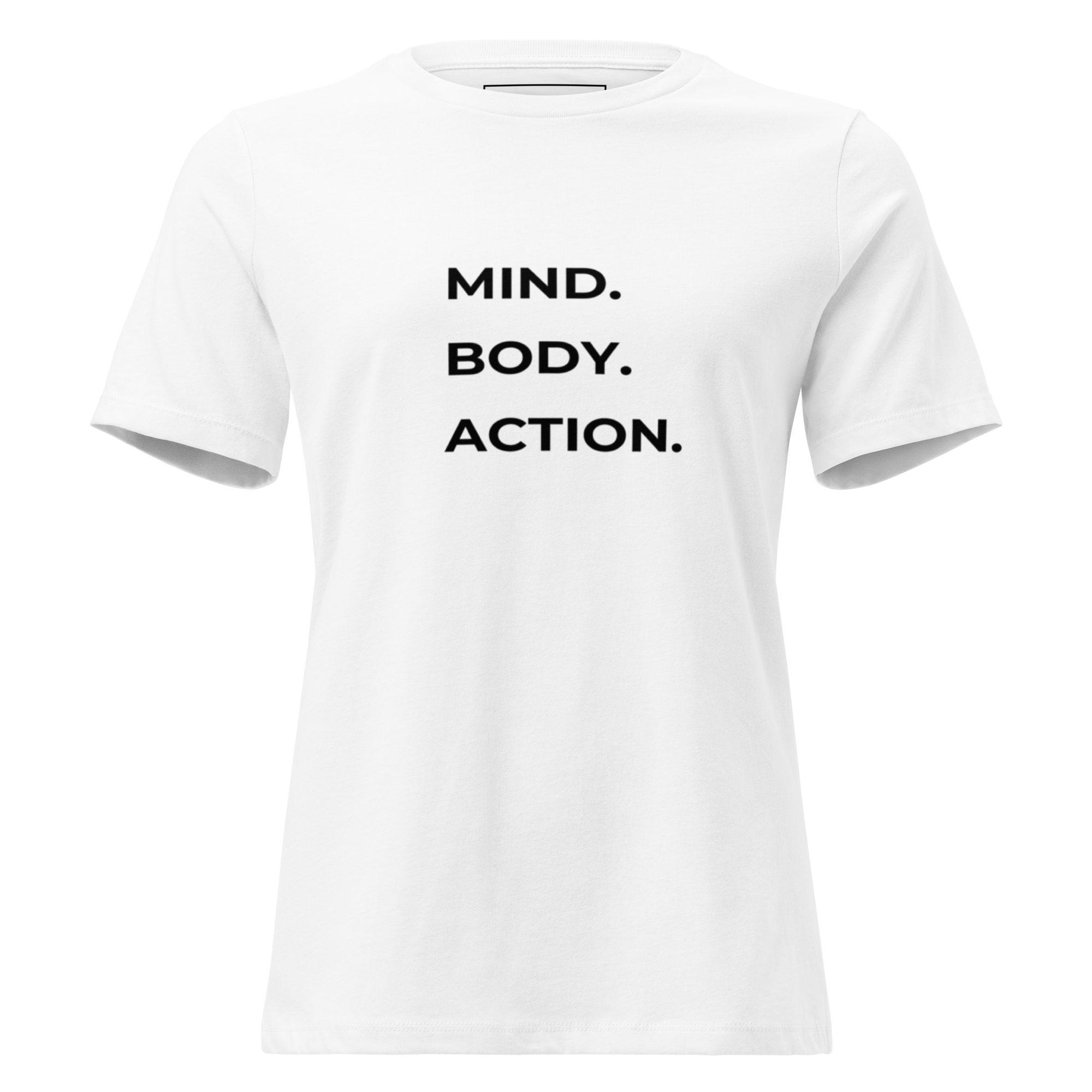 Mind Body Action minimalist slogan t-shirt in white with centered black matte typography