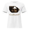 Culture Tee minimalist streetwear with a fragmented portrait graphic in brown tones above bold beige text reading “Culture*” on a white cotton tee.