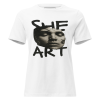 She Is Art T-Shirt minimalist streetwear with a cracked marble face graphic and bold black text reading “SHE ART” on a white short-sleeve cotton tee.