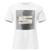Unbreakable T-Shirt minimalist streetwear with a grayscale silhouette of a woman and beige text strips reading “She bends so she doesn’t break.