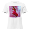 Run Like A Girl Shirt minimalist streetwear with a dynamic image of a woman running in a bright pink dress against a blurred red and blue background.