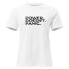 Power Doesn’t Panic minimalist slogan t-shirt in white with centered black matte typography