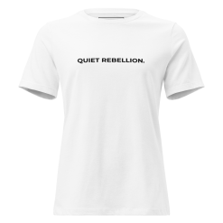 Quiet Rebellion minimalist slogan t-shirt in white with centered black matte typography
