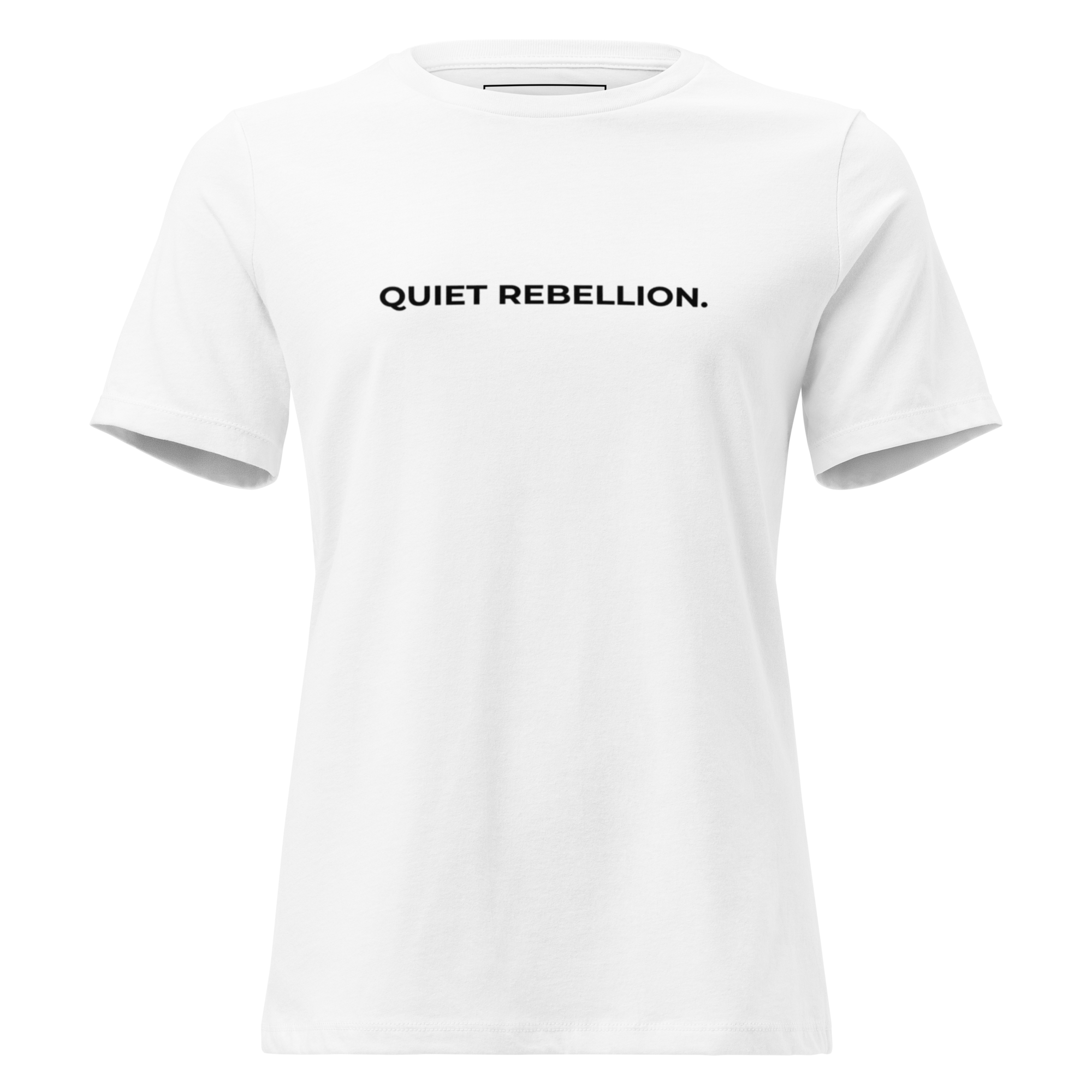 Quiet Rebellion minimalist slogan t-shirt in white with centered black matte typography