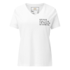 Speak Only To Improve Silence minimalist slogan t-shirt in white V-neck with upper-left vertical black matte typography