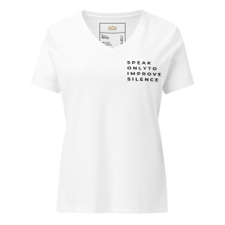 Speak Only To Improve Silence minimalist slogan t-shirt in white V-neck with upper-left vertical black matte typography