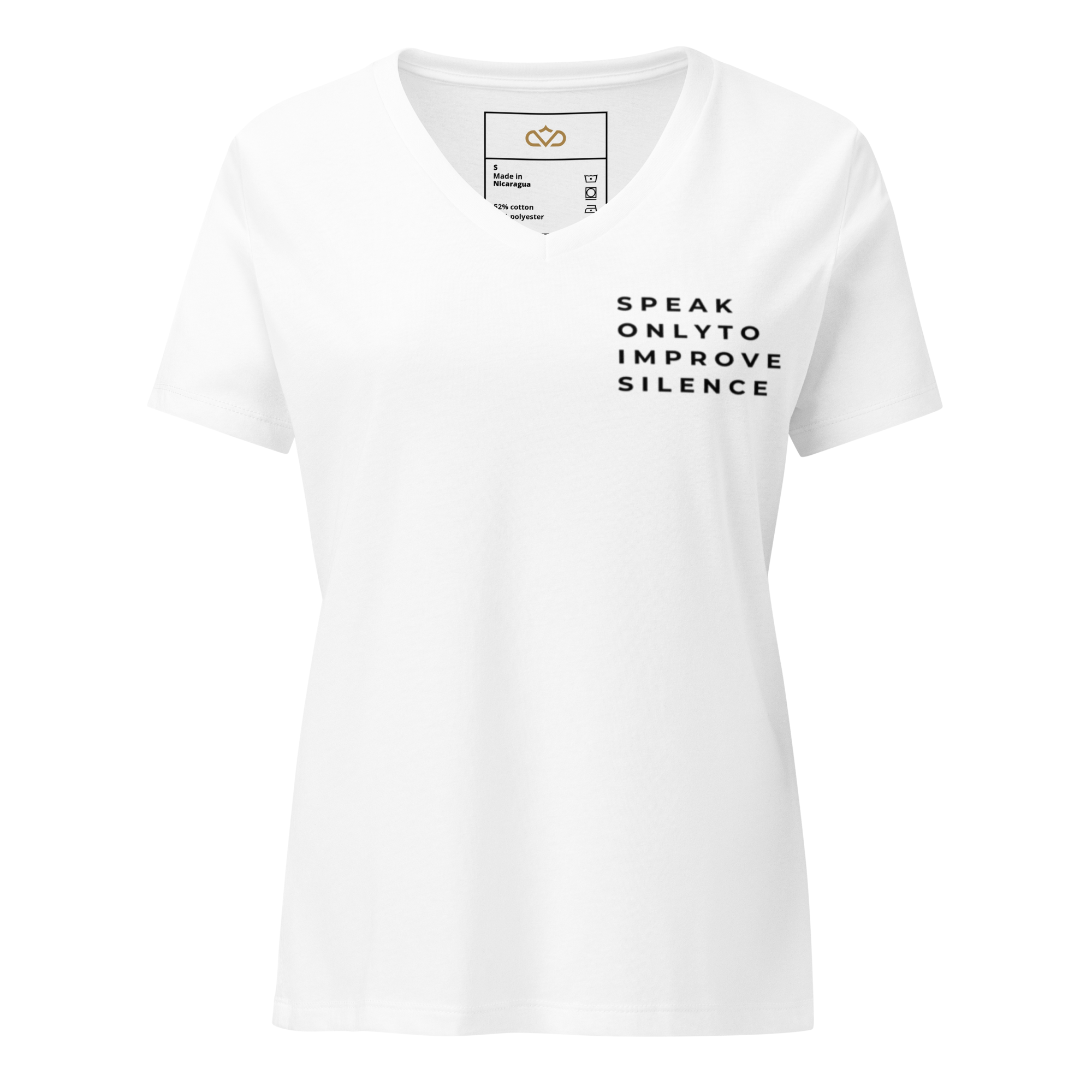 Speak Only To Improve Silence minimalist slogan t-shirt in white V-neck with upper-left vertical black matte typography
