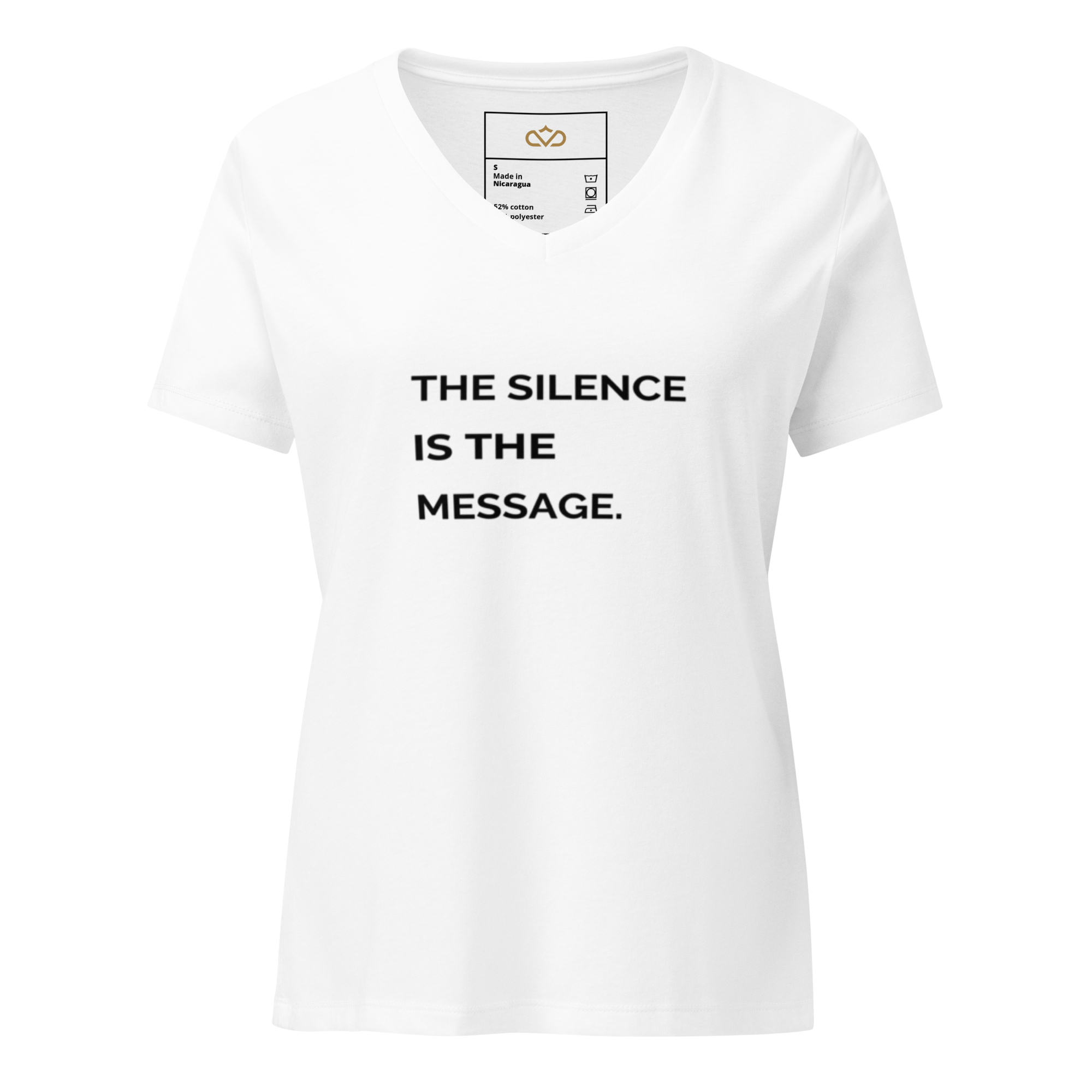 The Silence Is The Message minimalist slogan t-shirt in white V-neck with centered black matte typography