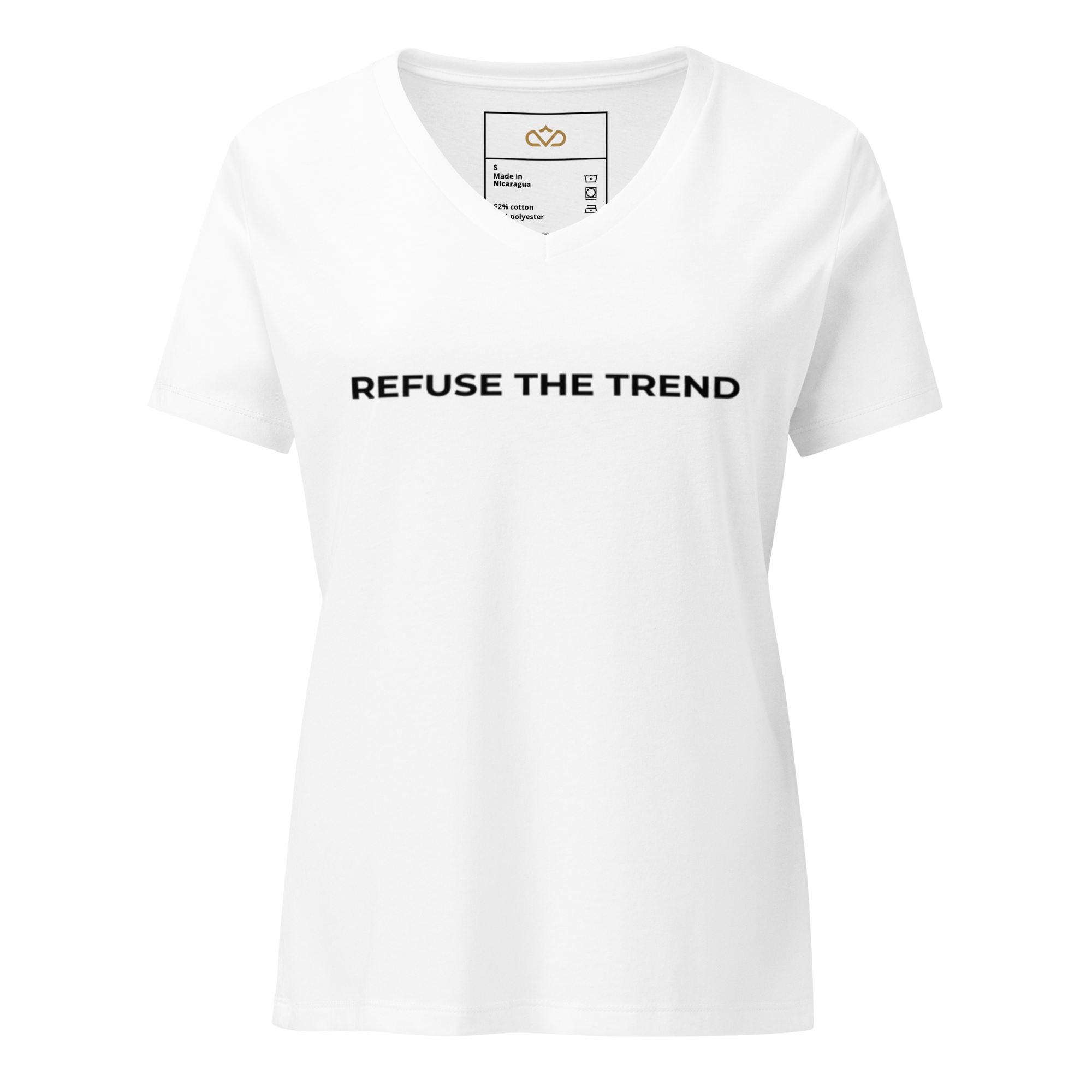 Refuse The Trend minimalist slogan t-shirt in white V-neck with centered black matte typography