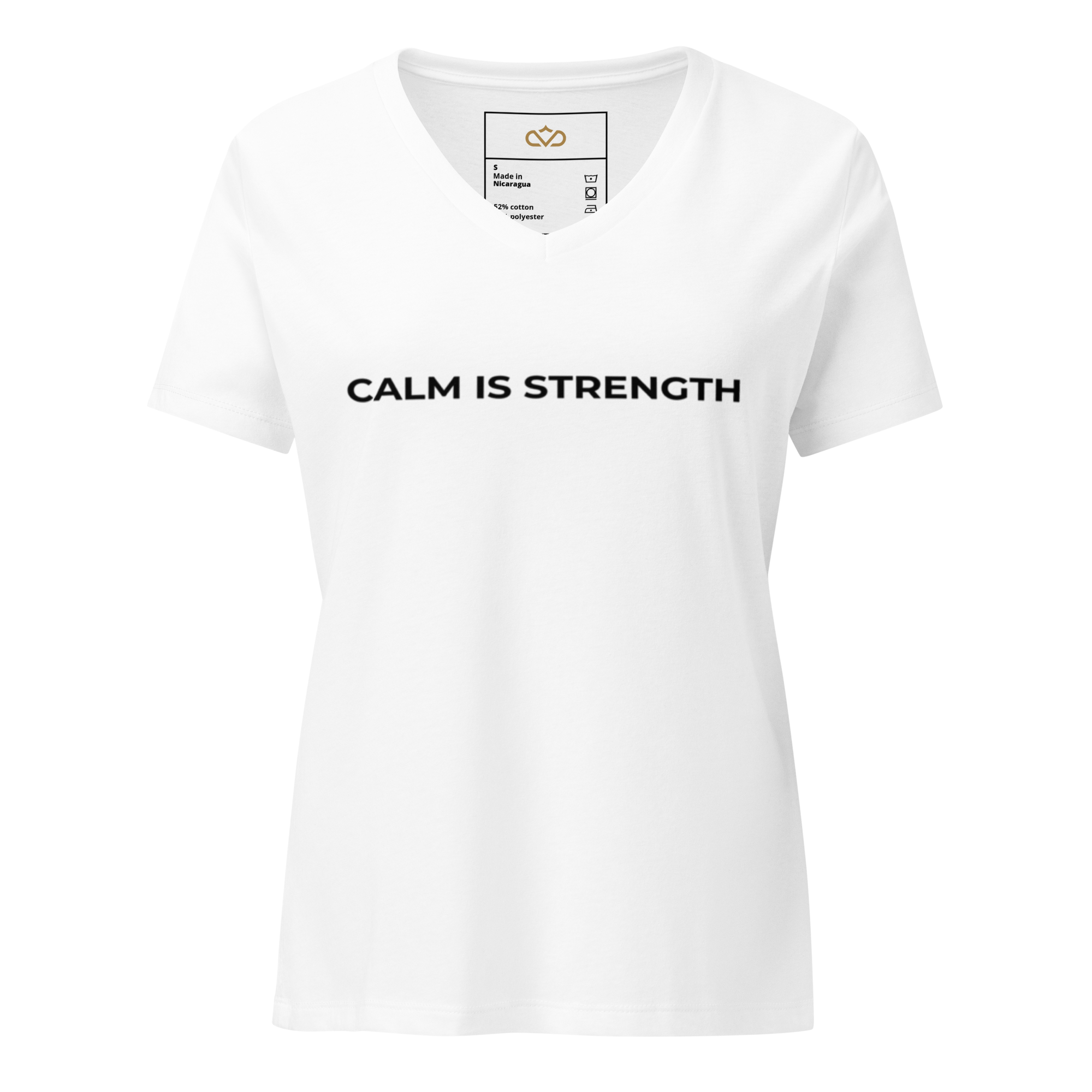 Calm Is Strength minimalist slogan t-shirt in white V-neck with centered black matte typography