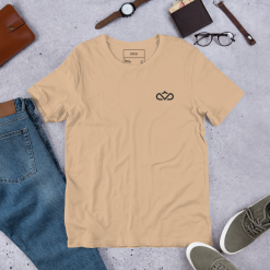 Tan minimalist Crown t-shirt styled with neutral everyday apparel