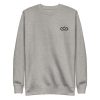 Front view of grey minimalist essential sweatshirt with small Crown emblem