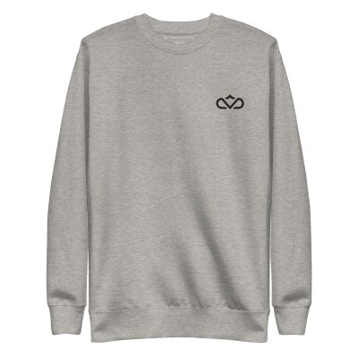 Front view of grey minimalist essential sweatshirt with small Crown emblem