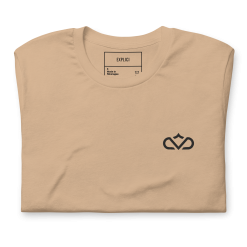 Folded tan Explici Crown 01 t-shirt with upper-left embroidered emblem