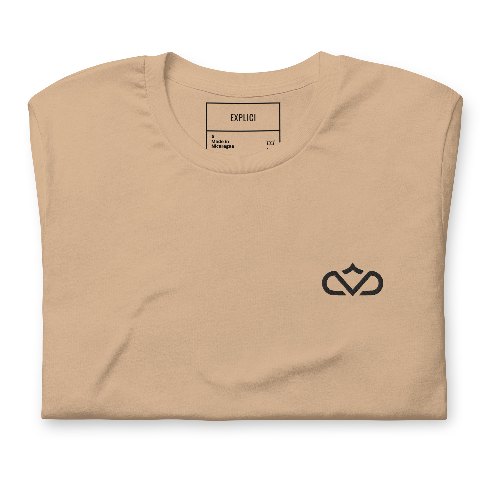 Folded tan Explici Crown 01 t-shirt with upper-left embroidered emblem