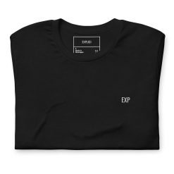 Folded black Explici EXP 01 t-shirt with upper-left embroidered typography