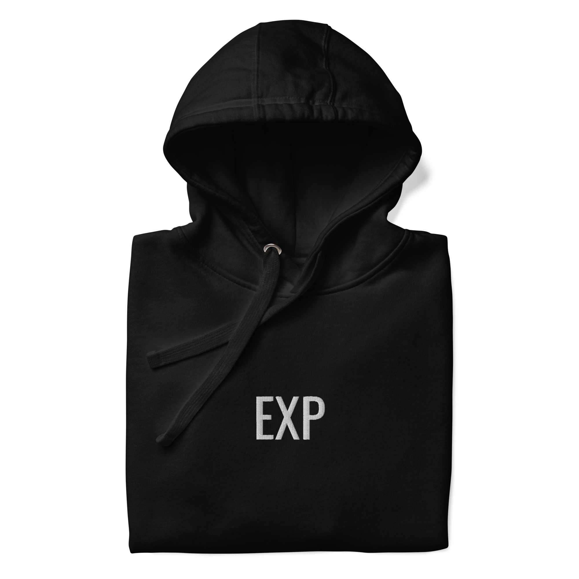 Close-up of black fleece hoodie fabric with embroidered Explici detail
