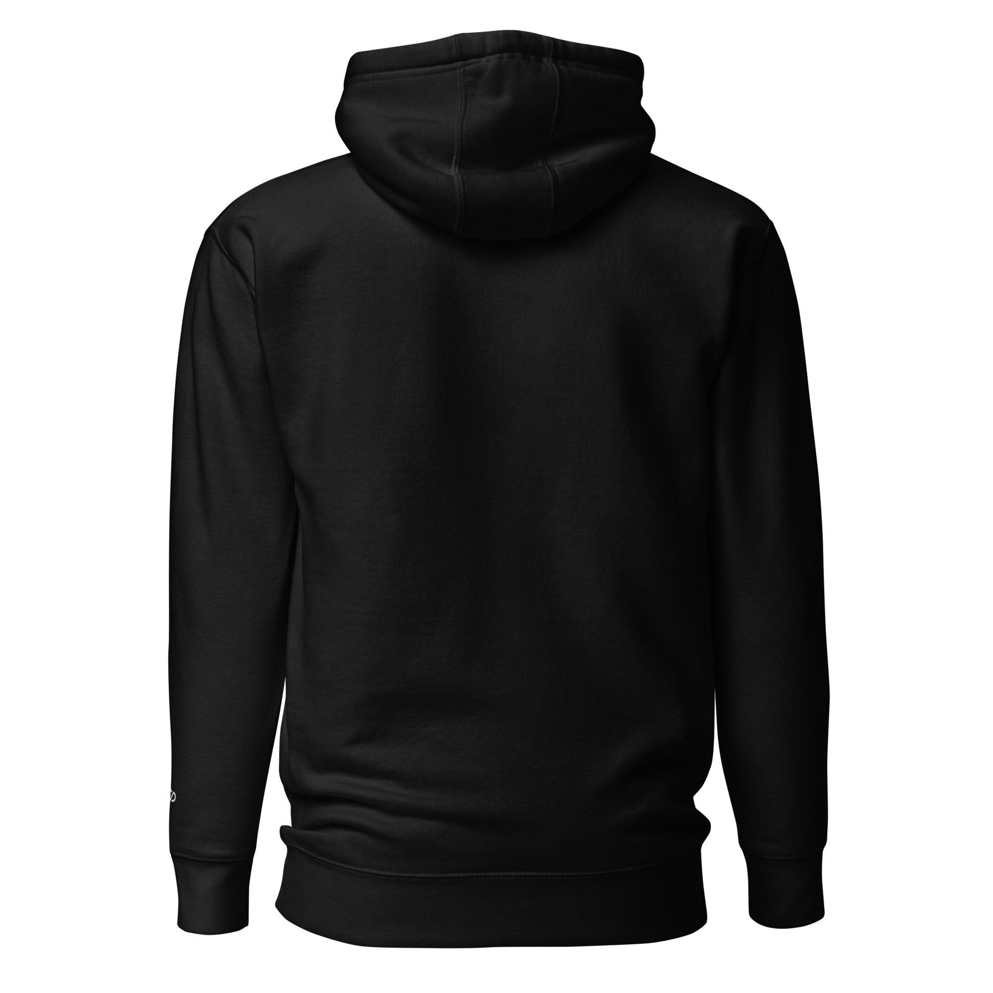 Back view of black minimalist essential hoodie with clean unmarked finish