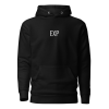 Black minimalist essential hoodie with centered embroidered EXP typography
