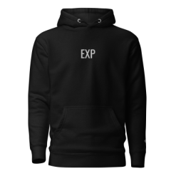 Black minimalist essential hoodie with centered embroidered EXP typography