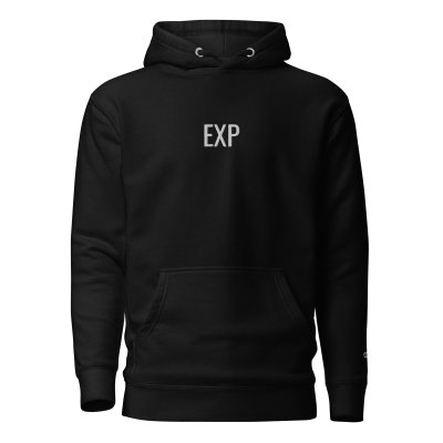 Black minimalist essential hoodie with centered embroidered EXP typography