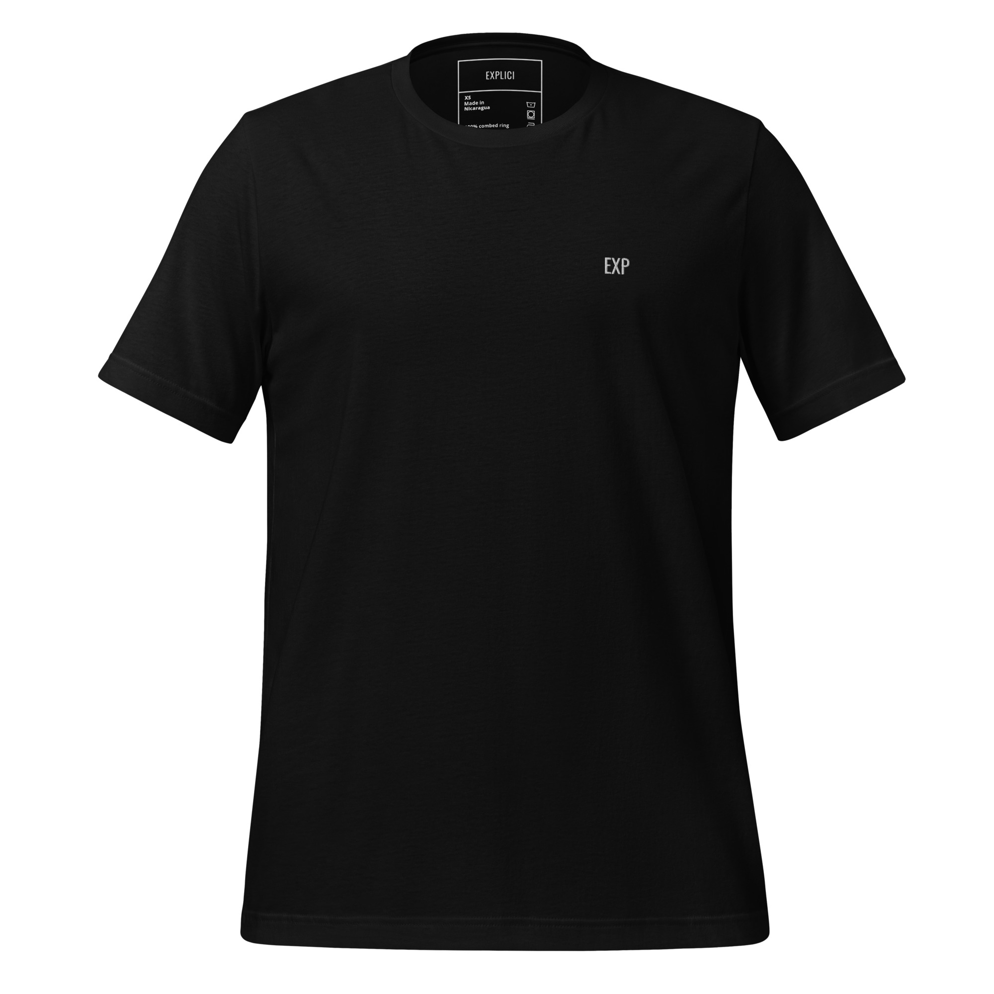 Black minimalist essential t-shirt with embroidered EXP typography on upper-left chest