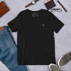 Black minimalist EXP t-shirt styled with neutral everyday apparel